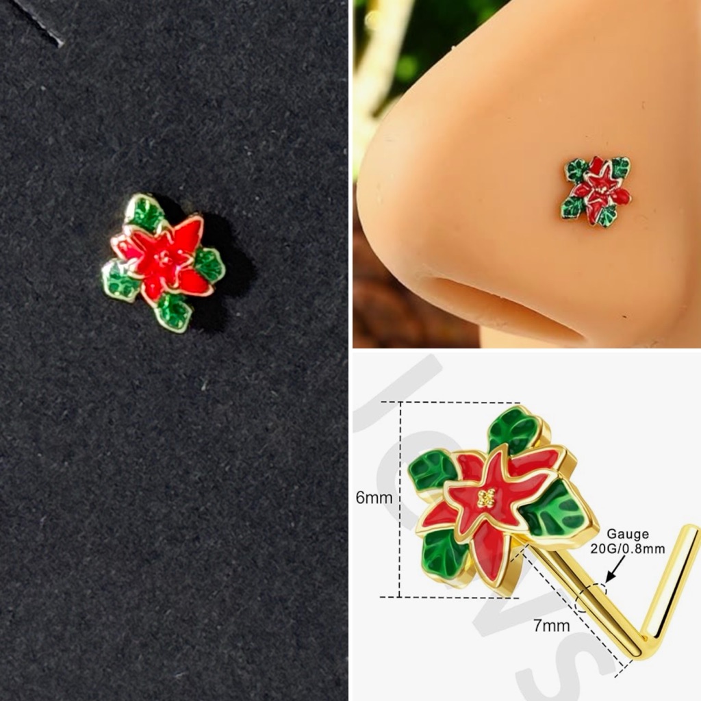 315 Holiday Poinsettia Christmas Flower Nose Stud Nose Ring 20g Surgical Steel